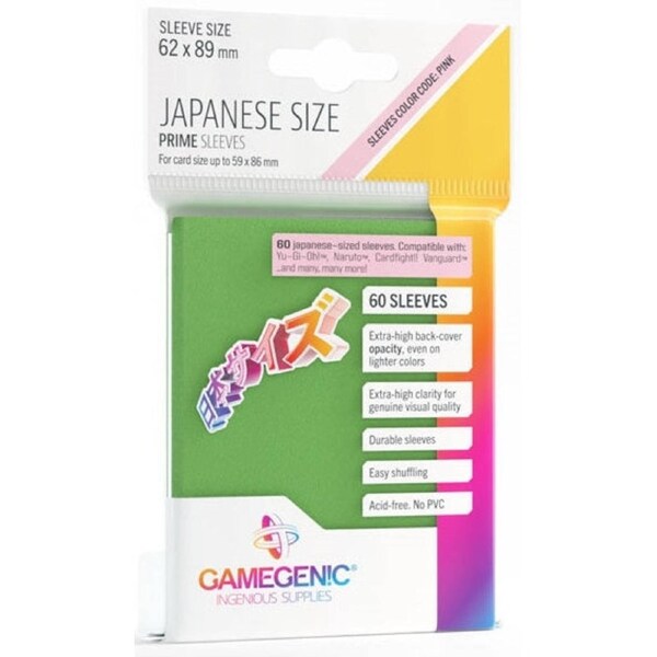 Gamegenic Prime Japanese Sized Sleeves - Size Code PINK - Sleeve Colour Green 62mmx89mm 60 Sleeves Per Pack