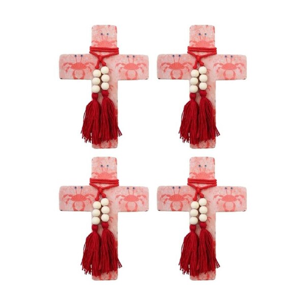 4PK LVD Large Mediterranean Resin Cross Decor W/ Beads & Tassels 16x22x0.5cm