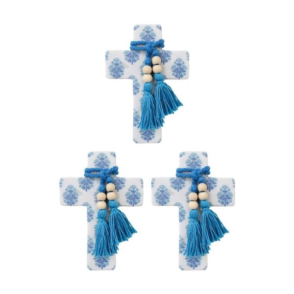3PK LVD Small Blue Sari Resin Cross Home Decor W/ Beads & Tassels 9x13x0.5cm