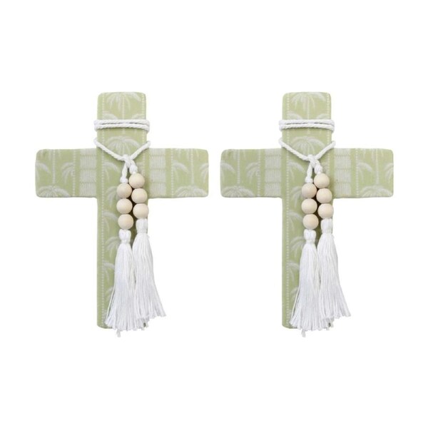 2PK LVD Large Green Tribal Coastal Cross Decor W/ Beads & Tassels 16x22x0.5cm