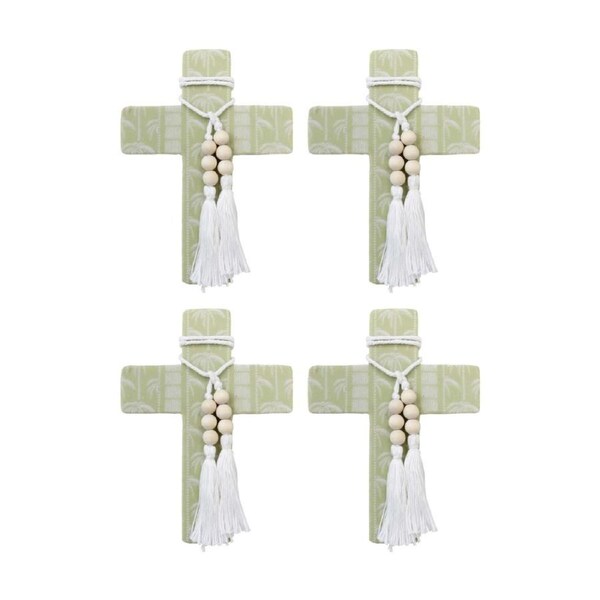4PK LVD Large Green Tribal Coastal Cross Decor W/ Beads & Tassels 16x22x0.5cm