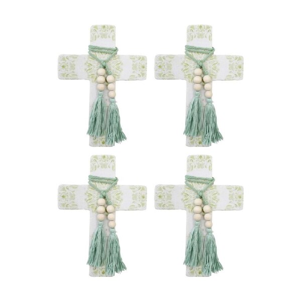 4PK LVD Large Mandala Poetry Sage Cross Decor W/ Beads & Tassels 16x22x0.5cm