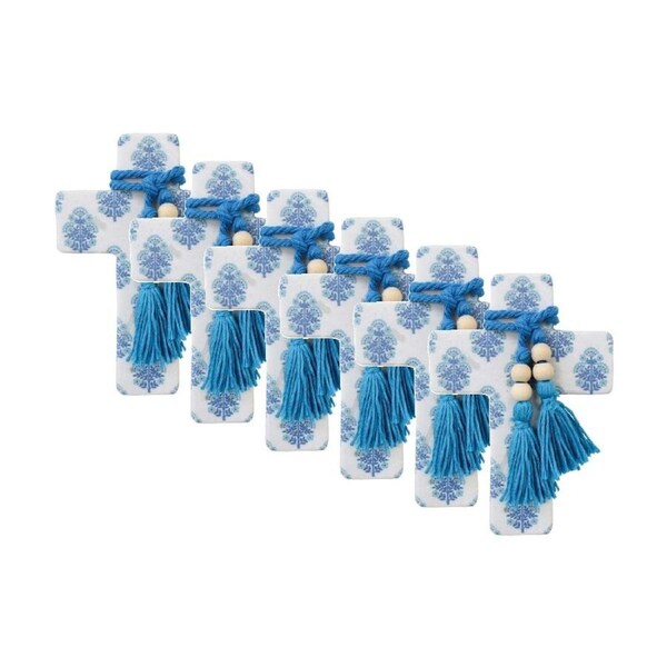 6PK LVD Small Blue Sari Resin Cross Home Decor W/ Beads & Tassels 9x13x0.5cm
