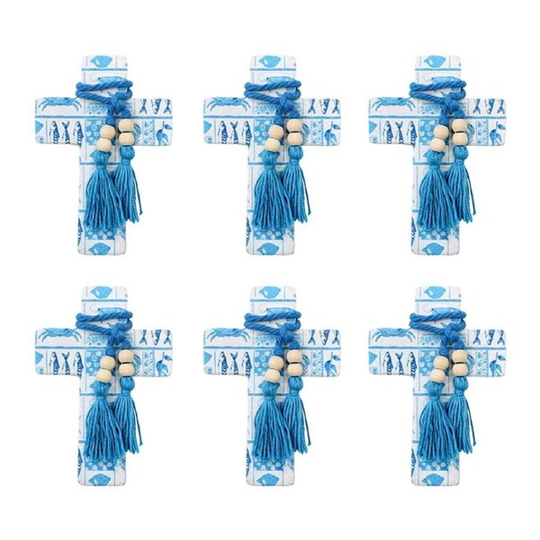 6PK LVD Small Blue Ocean Postcard Cross Home Decor W/ Beads & Tassels 9x13x0.5cm