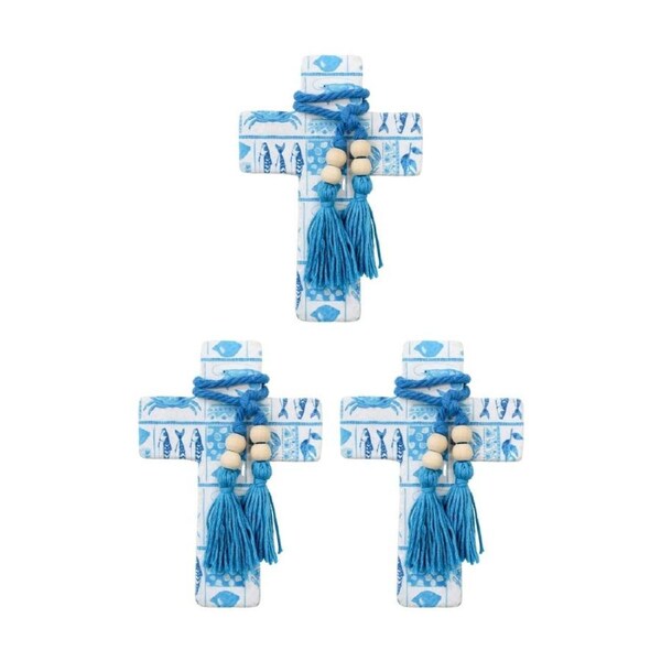 3PK LVD Small Blue Ocean Postcard Cross Home Decor W/ Beads & Tassels 9x13x0.5cm
