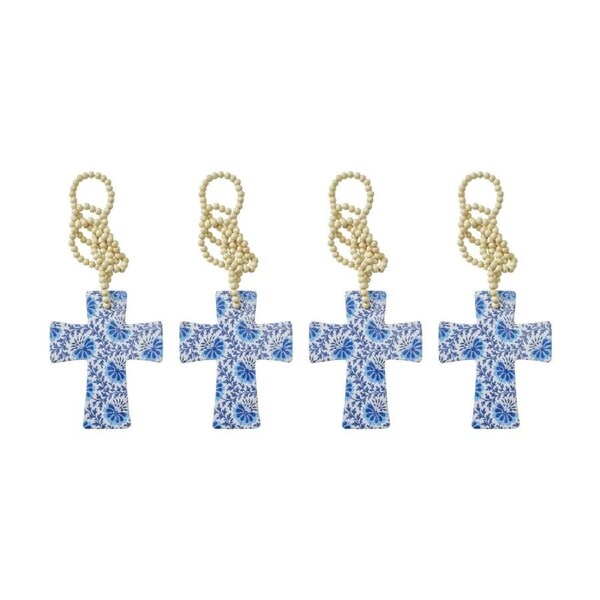 4PK LVD Blue Cintzy Cross Home & Living Decor W/ Beads 12x14x.05cm