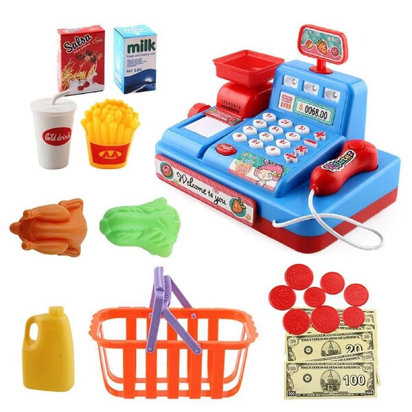 HOLALA Pretend Play Cash Register Learning Toy Set for Toddlers-Blue
