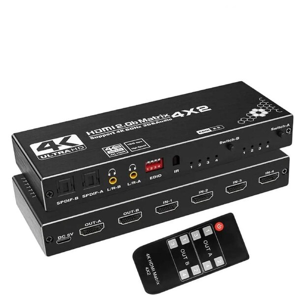 ESTONE 4in 2out HDMI Matrix Switch, 4x2 Matrix HDMI Video Switcher Splitter +2xSPDIF& 2x3.5mm L/R Audio Output,Support Ultra HD 4K 60Hz,3D 1080P, EDID with IR Remote Control (OZJ1)
