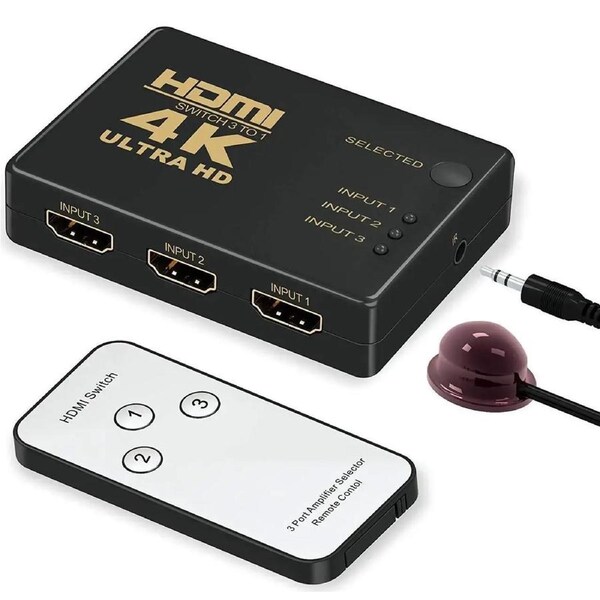 HDMI Switcher 3 in 1 Out HDMI Switch 3 Port Box with IR Remote Control Support 4K @30Hz, HDCP 1.4 deep Color and 3D for PS4 Xbox Apple TV Fire Stick Blu-Ray Player