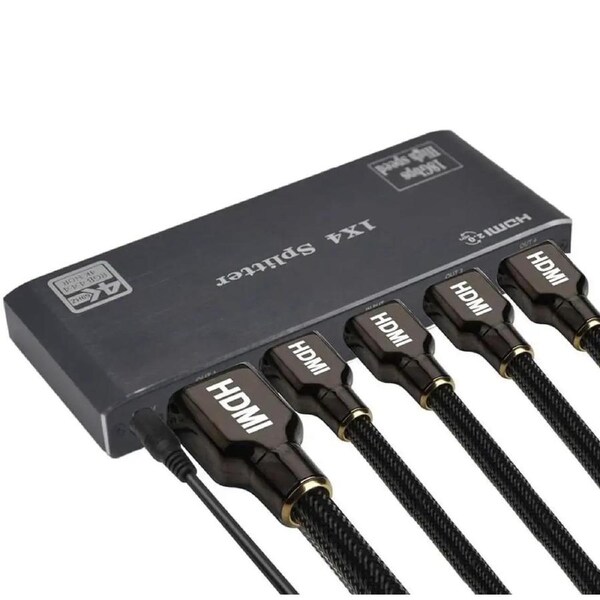 4K@60Hz HDMI Splitter 1x4 8:8:8,18 Gbps,Supports EDID,HDCP 2.2,Duplicate/Mirror/Copy,HDR10,Dolby Vision Atmos,4K HDMI Splitter 1 in 4 Out for Four Monitors