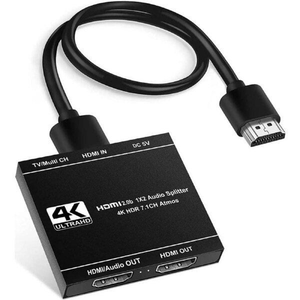 4K 1x2 HDMI Splitter with HDMI Audio Output, 1 in 2 Out 4K HDMI Splitter for Full HD 4K@60HZ 1080P 3D Splitter (1 HDMI Source to 2 HDMI Displays) Support 4Kx2K@60Hz 3D, HDCP2.3, HDR, EDID, Doby Atmos