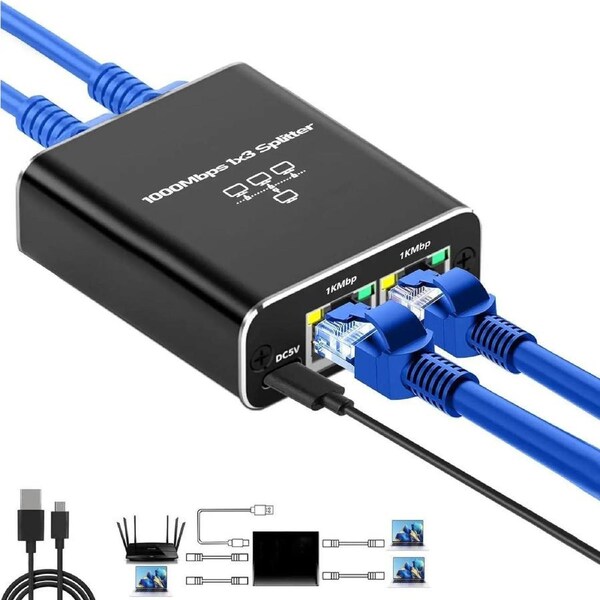 Ethernet Splitter High Speed, 1000Mbps Ethernet Splitter 1 to 3 , Gigabit Internet Splitter with USB Power Cable, LAN Splitter for Cat 5/5e/6/7/8 Cable (3 Devices Simultaneous Networking)