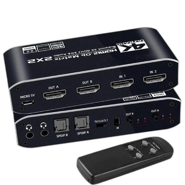 4K HDMI Matrix Switch 2 X 2, Switcher with Audio Extractor UltraHD Supports Up to 4K @ 60Hz IR EDID HDCP 2.2 HDR10,2xSPDIF Audio, 2x3.5mm L/R Audio - Remote Control (OZJ6)