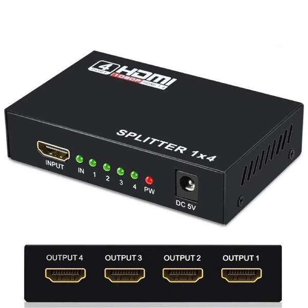 ESTONE HDMI Splitter 1 in 4 out Full Ultra HD 1080P 4K/2K 1X4 Port Box Hub with Power Adapter v1.4 Powered Certified for 3D Support