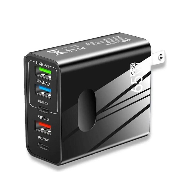 GaN 65W Fast Charger USB C Charger PD Quick Charging for iPad Xiaomi Samsung iPhone Cell Phone Charger QC3.0 Wall Charger Adapter - Black