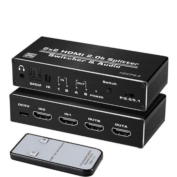 ESTONE 4K HDMI Switch Splitter with Optical & 3.5mm AUX Audio Out, 2 in 2 Out HDMI 2.0 4K@60Hz HDMI 2.0b Audio Extractor Splitter with Remote, Support HDCP 2.2, HDMI2.0b, 4K@60HZ, RGB4:2:2, 4K HDR