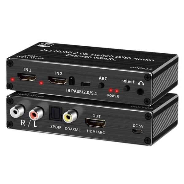 4K@60H HDMI Switch Audio Extractor, 2in 1Out HDMI Switcher Splitter with Optical TOSLINK SPDIF, 3.5mm/R/L Audio, Coaxial Audio Extractor and Remote Control, Support 4K HDR, HDMI 2.0b, HDCP 2.2, OZV2