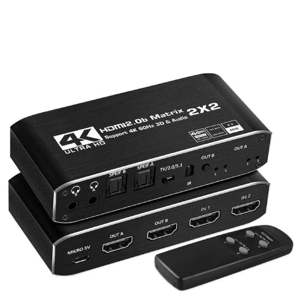 4K@60Hz HDMI Matrix 2 in 2 Out, 2 X 2 Switcher with HDR10,2xSPDIF Audio, 2x3.5mm L/R Audio,Downscaler 4K to 1080P and RGB 44:4/8:8:8(Dolby ATMOS).