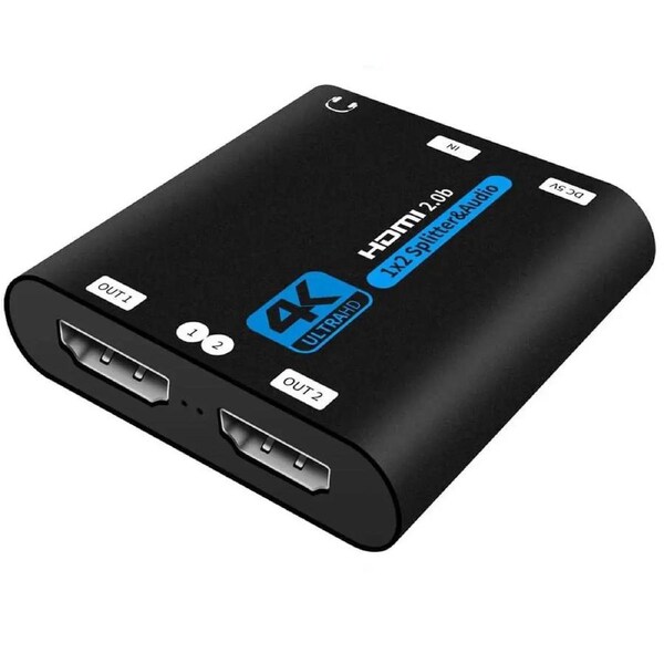 ESTONE HDMI Splitter 1 in 2 Out 3.5mm Jack audio out - 4K Ver HDMI2.0 HDCP2.2, Powered HDMI Splitter Supports 3D 4K@60HZ Full HD1080P for Xbox PS4 PS3 Fire Stick Roku Blu-Ray Player (OZF6-1)