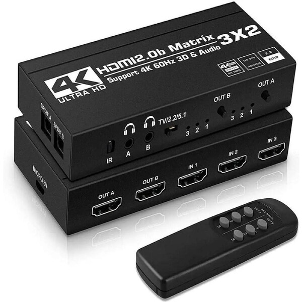 3x2 HDMI Matrix Switch Up to 4K 60Hz RGB 8:8:8, HDR, HDMI 2.0, HDCP 2.2/1.4, Auto Downscaling, IR Remote, 2xSPDIF Audio, 2x3.5mm L/R Audio, 3 in 2 Out Video (OZJ5)