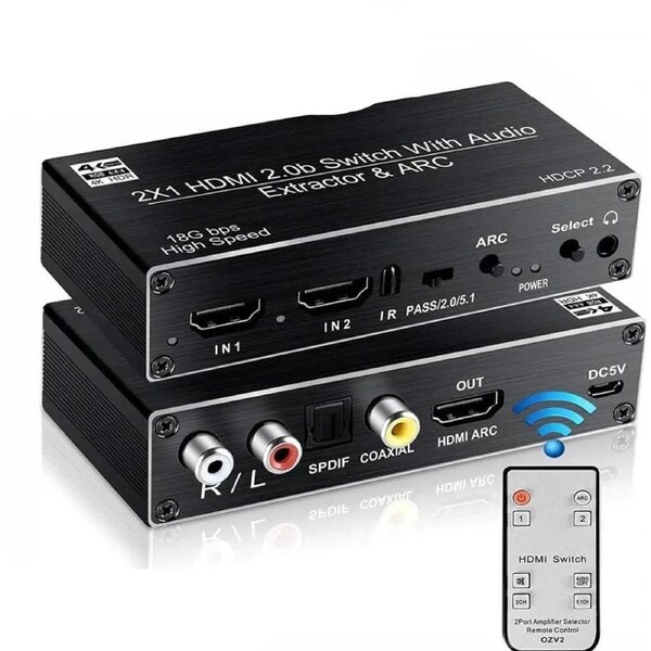 4K HDMI Switch 2x1 with Audio Extractor, 4K@60Hz Ultra HD HDMI Switcher with Optical TOSLINK SPDIF, 3.5mm R/L Audio, Coaxial Support ARC , 3D, 1080P @120Hz, 4Kx2k @60Hz HDTV (Remote Control),OZV2