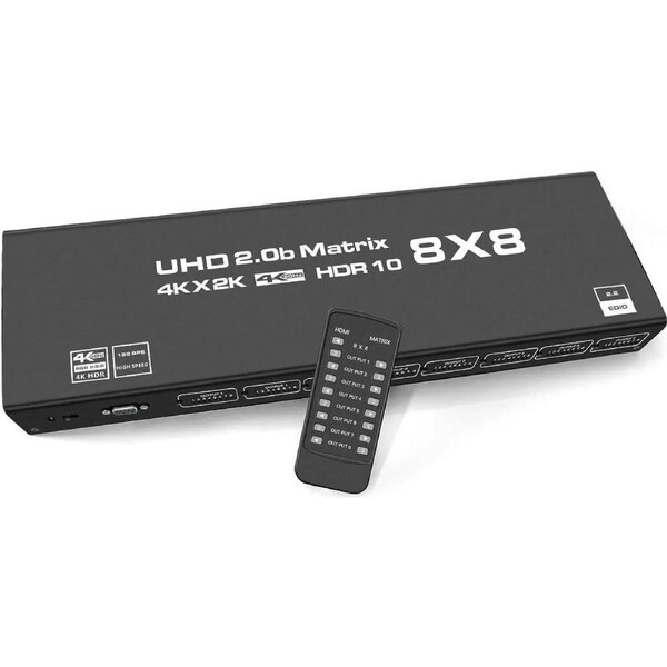 ESTONE HDMI Matrix 8x8 , 4K HDMI Matrix Switch 8 in 8 Out Switcher Splitter Box with IR Remote Control, Support HDMI2.0 RGB888/YUV444 RS232 Panel Key HDCP2.2 HDR10 3D etc