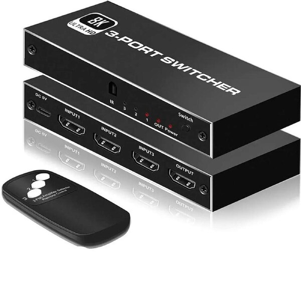 8K HDMI 2.1 Switch 4K 120Hz 3 in 1 Out, ESTONE 8K@60Hz HDMI 2.1 Splitter Switcher Selector Box 4-Port with Remote 4K 120Hz 2K 144Hz, HDMI 3x1 HDR, 48Gbps, CEC, Dolby Vision, for Xbox Series X PS5