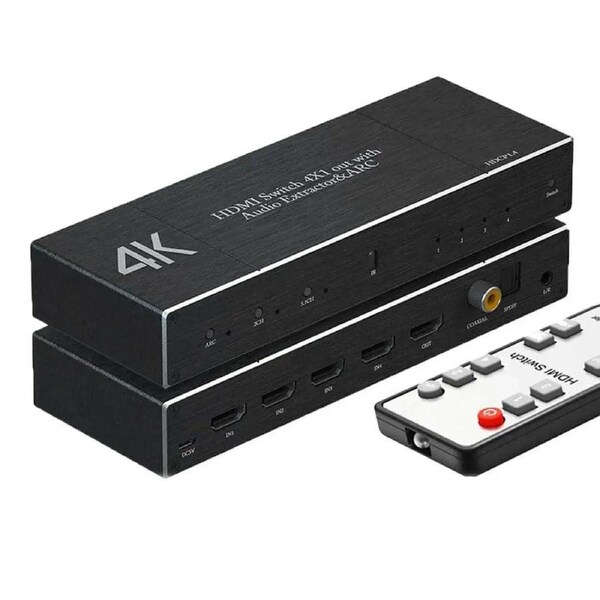 4K@60Hz HDMI Switch 4 in 1 Out with Audio Extractor, HDMI Switcher with Optical SPDIF + 3.5mm Audio + Coaxial, HDMI Audio Selector Switch Box with Remote Support HDR10 ARC 18Gbps HDCP2.2, OZQ7