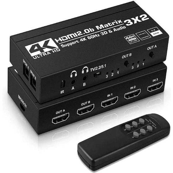 4K@60Hz HDMI Matrix 3 in 2 Out, 3 X 2 Switcher with HDR10,2xSPDIF Audio, 2x3.5mm L/R Audio,Downscaler 4K to 1080P and RGB 4:4:4/8:8:8(Dolby ATMOS).