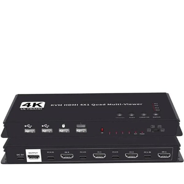 HDMI KVM Multiviewer Switch 4x1,ESTONE HDMI Quad Multi-Viewer Seamless Switcher 4 in 1 Out Support 4K@30Hz, 1080p, 5 Viewing Modes for DVD player, Apple TV, Blu-ray players, PS3/PS4, PS5