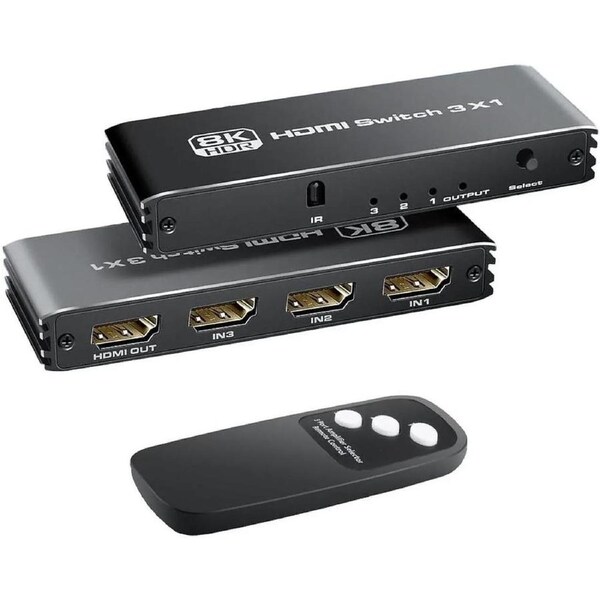 3 Ports 8K HDMI 2.1 Switch 3 in 1 Out 8K@60Hz 4K@120Hz HDMI Switcher Selector with Remote Support Auto-Switching 48Gbps HDR 10+ Dolby Vision/Atmos HDCP 2.3 CEC
