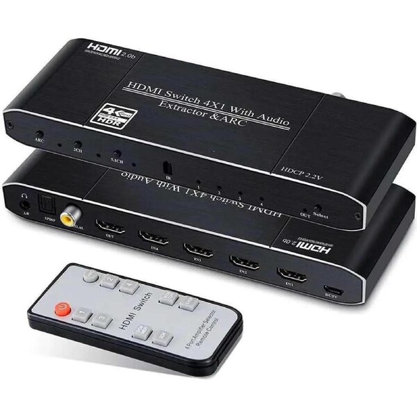 4K 60Hz HDMI 2.0 Switch 4 Port with Audio Extractor and ARC, Support Coaxial3.5mm AUXOptical Audio Out, HDMI Splitter with Remote Support HDR, HDCP2.2, 3D,18Gbps, Dolby Vision.