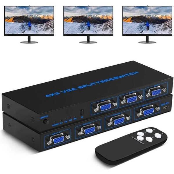 4 in 3 Out VGA Switch Monitors Splitter Box with Remote for VGA/SVGA 4 Port Video Box (4X3 VGA Switch Splitter)