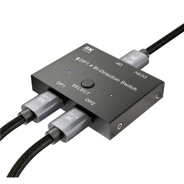 ESTONE Displayport Switch 8K Bidirectional DP 1.4 Switch 8K @30Hz 4K @120Hz Displayport Switcher 1 to 2 / 2 in 1 Out with LED Indicator for Monitor Projector TV PC Laptop and More