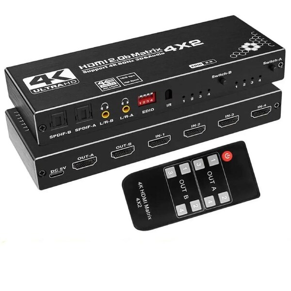 ESTONE 4K@60Hz 4 in 2 Out HDMI Matrix Switch, 4x2 HDMI 2.0b Matrix Switch, 4K HDMI Switcher Splitter + Optical and L/R Audio Output, Scaler EDID with Remote, HDCP2.2, HDR 10