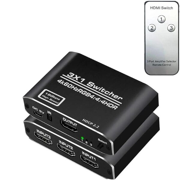 4K 2K 60Hz HDMI Switch 3x1 HD 4K HDMI Video Switcher Adapter 3 In 1 Out HDMI Splitter with Remote Control for DVD HDTV TV Box PS4 - OZQ3-1