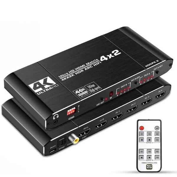 ESTONE 4K@60Hz HDMI Matrix 4x2 Switch Splitter Support HDCP 2.2 IR Remote Control HDMI Switch 4x2 Spdif 4K HDMI 4x2 Matrix Switch