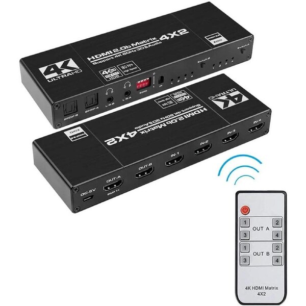 ESTONE 4x2 HDMI Matrix Switch Up to 4K 60Hz RGB 8:8:8, HDR10, EDID,HDMI 2.0, HDCP 2.2/1.4, Auto Downscaling, IR Remote, 2xSPDIF Audio, 2x3.5mm L/R Audio, 4 in 2 Out Video (OZJ1-1)
