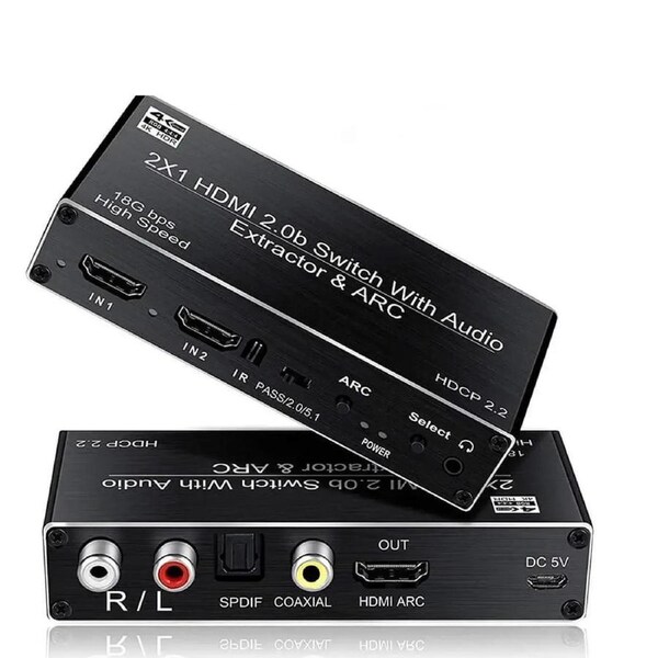 2x1 HDMI Switch Audio Extractor,ESTONE 4k@60hz Aluminum HDMI Switcher 2 in 1 Out, with 3.5mm + R/L Audio + Coaxial + Optical Toslink SPDIF Supports 3D, HDR, HDCP2.2 Compatible with Xbox PS5/4/3(OZV2)