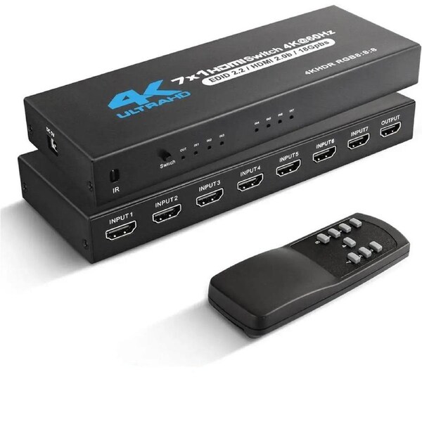 HDMI Switch 4k@60HZ HDMI Splitter 7 in 1 Out HDMI Switcher Selector with IR Remote Control, HDMI 7 Port Box Hub Support 3D HDCP2.2 for PS4/Xbox One/Fire TV/Sky Box/STB/DVD