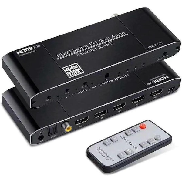 4x1 HDMI Switch,4 in 1 Out HDMI Switcher Audio Extractor( Optical + 3.5mm AUX + Coaxial Output) ,Support Ultra HD 4K,3D 1080P,Audio EDID Extractor with IR Remote Control