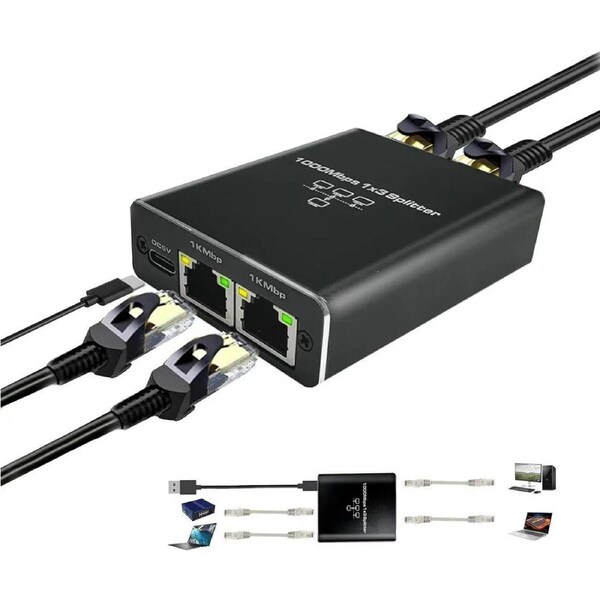 Gigabit Ethernet Splitter 1 in 3 Out, 1000Mbps 1x3 Splitter - LAN/Internet Cable Splitter - Cat5/5e/6/7/8 Splitter 1 to 3, RJ45 Network Extension Connector - Plug&Play - Cost-Effective