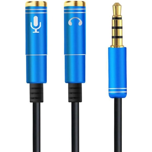 ESTONE (2-PACK)3.5mm Jack Y Splitter Male to 2 Female Ports with Mic Headphone Extension Audio Cable AUX Cord for Speaker Phone-Blue
