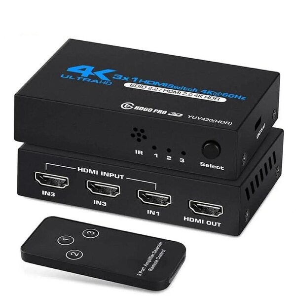 ESTONE 4K HDMI Switch 3x1, 3 Port HDMI Selector Switcher 3 in 1 Out with IR Remote Control Support 4K@60Hz, 4Kx2K, HDR, HDMI 2.0b, HDCP 2.2, 3D, 1080P (OZQ2-1)