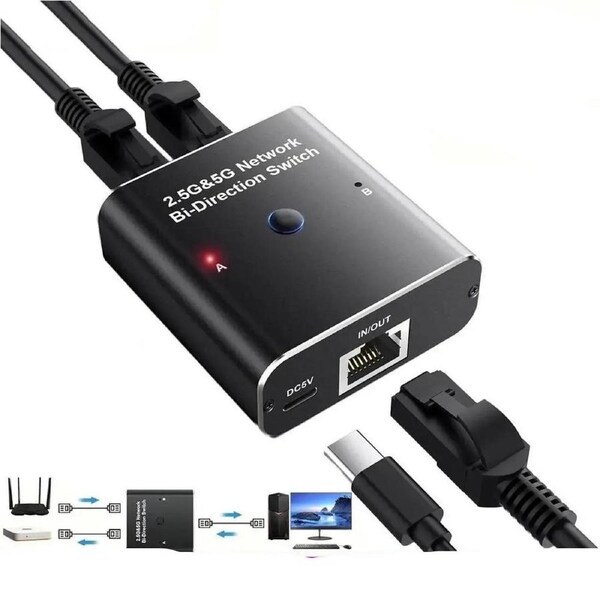 ESTONE 2 Ports 2.5G/5G Gigabit Network Switch,10/100/1000/10000Mbps 2 in 1 Out or 1 in 2 Out Two Way Switch Manual Pushbutton,RJ45 Internal External Networking Switcher Adapter for Cat5/5e/6/7/8 Cable