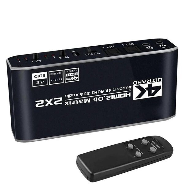 2 in 2 Out HDMI Matrix,ESTONE 4K@60Hz 2x2 HDMI Matrix Switch with IR Remote Control, Support HDMI 2.0b, HDCP2.2, HDR10, Ultra HD, 3D