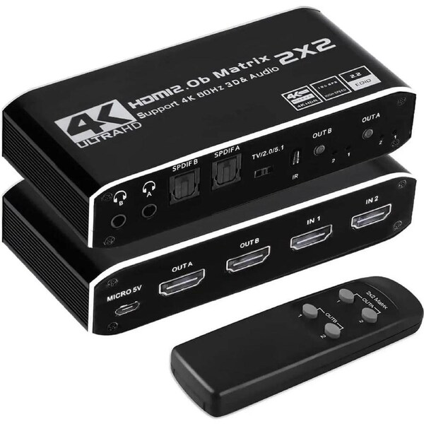 4K@60Hz HDMI Matrix Switch 2 X 2 Switcher 18G UltraHD Supports Up to 4K @ 60Hz & 1080P IR EDID HDCP 2.2 - Remote Control (OZJ6)