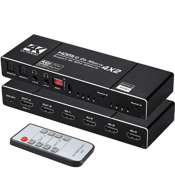 ESTONE 4K@60Hz HDMI Matrix 4 in 2 Out, 4 X 2 Switcher with HDR10,2xSPDIF Audio, 2x3.5mm L/R Audio, EDID, Downscaler 4K to 1080P and RGB 8:8:8(Dolby ATMOS).