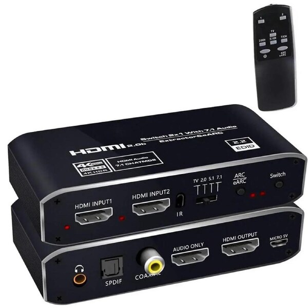 4K@60Hz HDMI 2.0b Switch with Audio Extractor, HDMI to HDMI + HDMI 7.1CH + Optical Toslink SPDIF + 3.5mm Audio, HDMI Audio Embedder Converter Adapter for PS5, Xbox, Fire Stick(Remote Control)