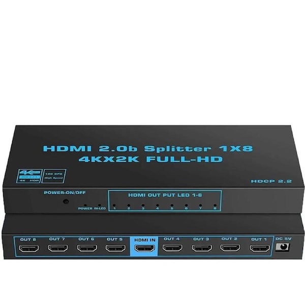 ESTONE 1x8 HDMI Splitter 8 Port 1 in 8 Out HDMI Switch 1 Port to 8 HDMI Display Duplicate/Mirror Powered Splitter Ver HDMI2.0 Certified for Full HD 4Kx2K@60Hz 1080P High Resolution 3D Support